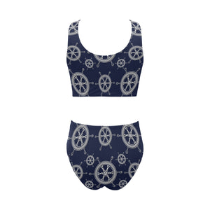 nautical steering wheel design pattern Chest Bowknot High Waisted Bikini Swimsuit