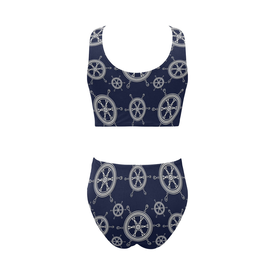 nautical steering wheel design pattern Chest Bowknot High Waisted Bikini Swimsuit
