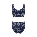 nautical steering wheel design pattern Chest Bowknot High Waisted Bikini Swimsuit