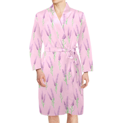 Lavender pattern pink background Men's Long Sleeve Belted Night Robe