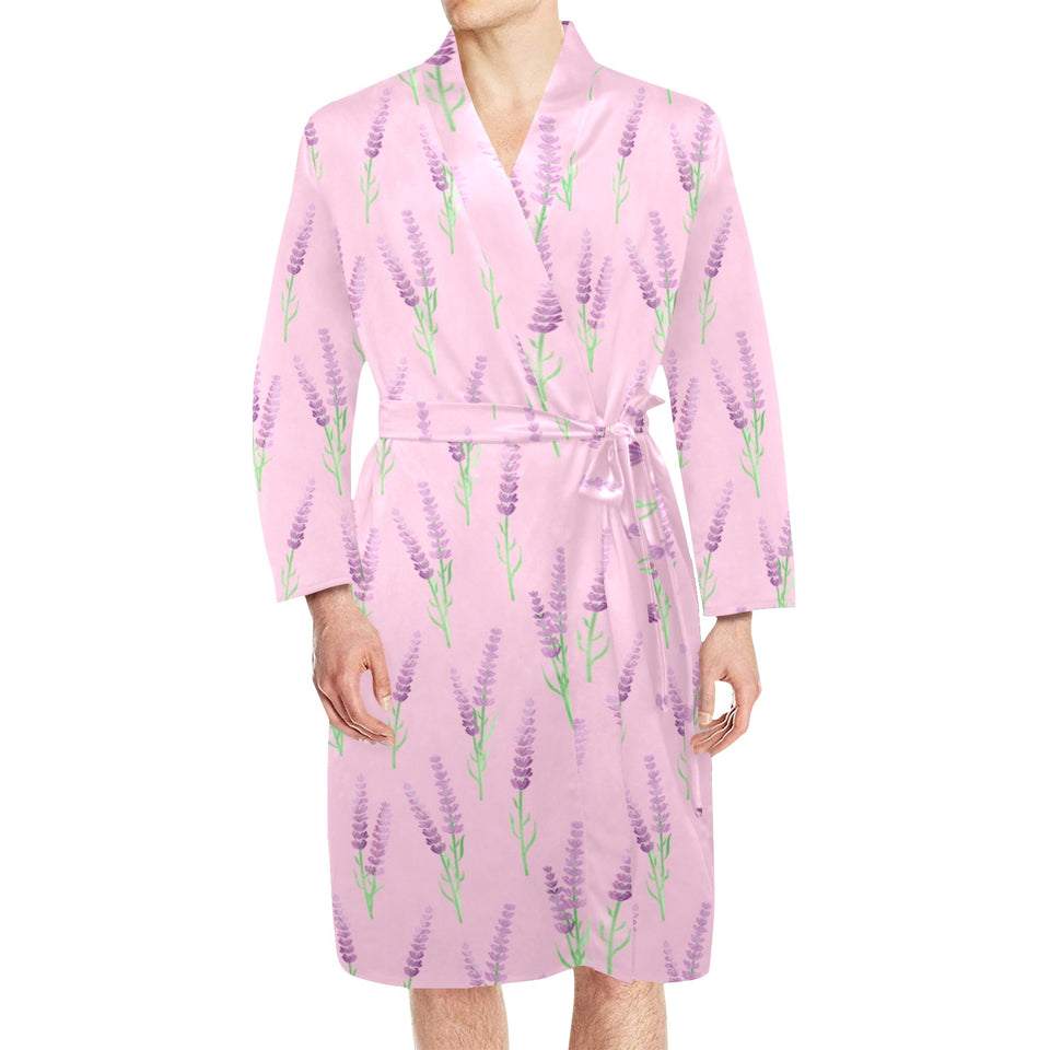 Lavender pattern pink background Men's Long Sleeve Belted Night Robe