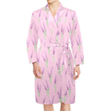 Lavender pattern pink background Men's Long Sleeve Belted Night Robe