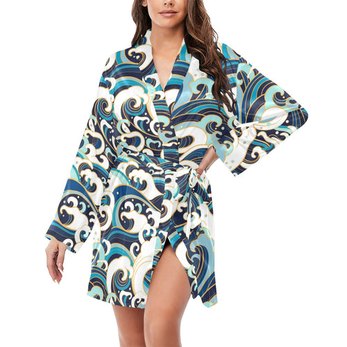 Japanese wave pattern Women's Long Sleeve Belted Night Robe