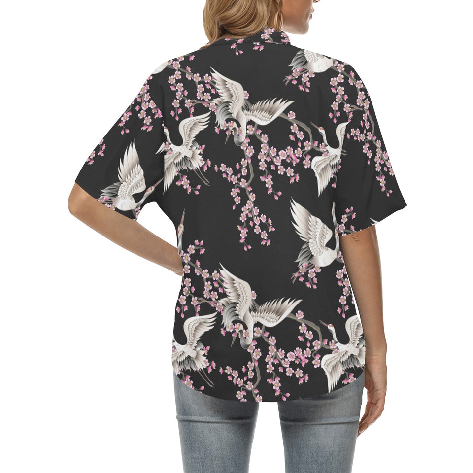 Japanese crane pink sakura pattern Women's All Over Print Hawaiian Shirt