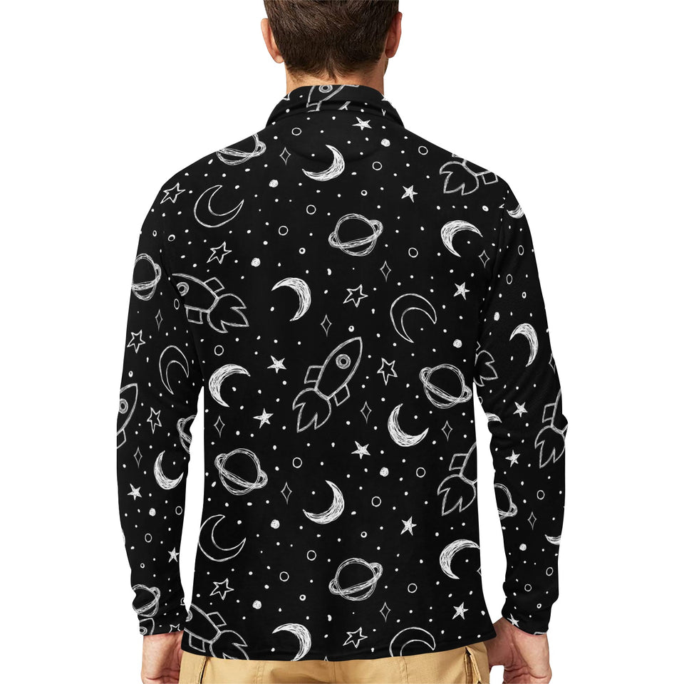Hand drawn space rocket star planet Men's Long Sleeve Polo Shirt