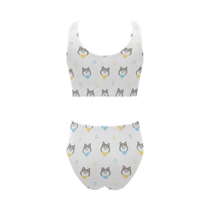 Cute Siberian Husky pattern Chest Bowknot High Waisted Bikini Swimsuit