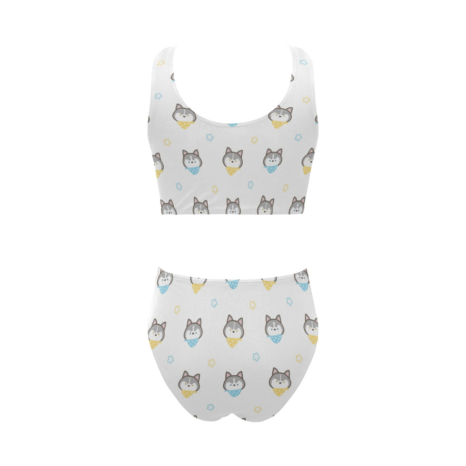 Cute Siberian Husky pattern Chest Bowknot High Waisted Bikini Swimsuit