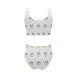 Cute Siberian Husky pattern Chest Bowknot High Waisted Bikini Swimsuit