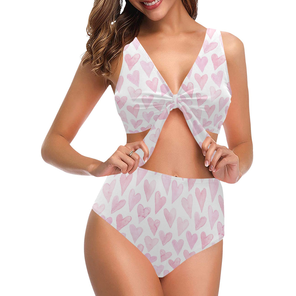 Watercolor pink heart pattern Chest Bowknot High Waisted Bikini Swimsuit