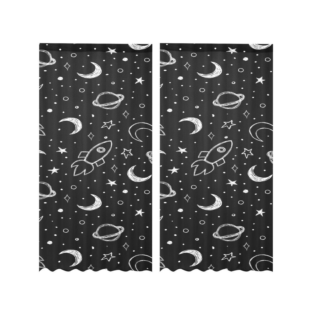 Hand drawn space rocket star planet Gauze Curtain