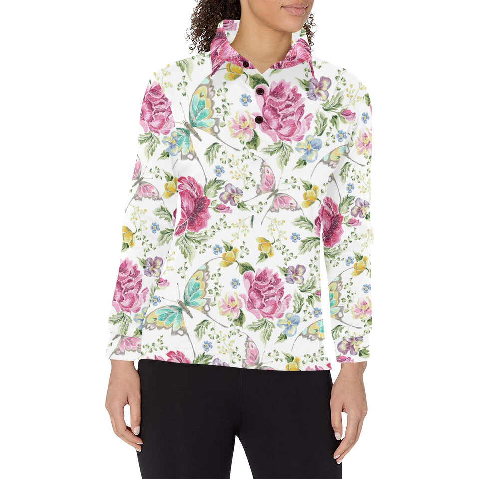 Hand drawn butterfly rose Women's Long Sleeve Polo Shirt