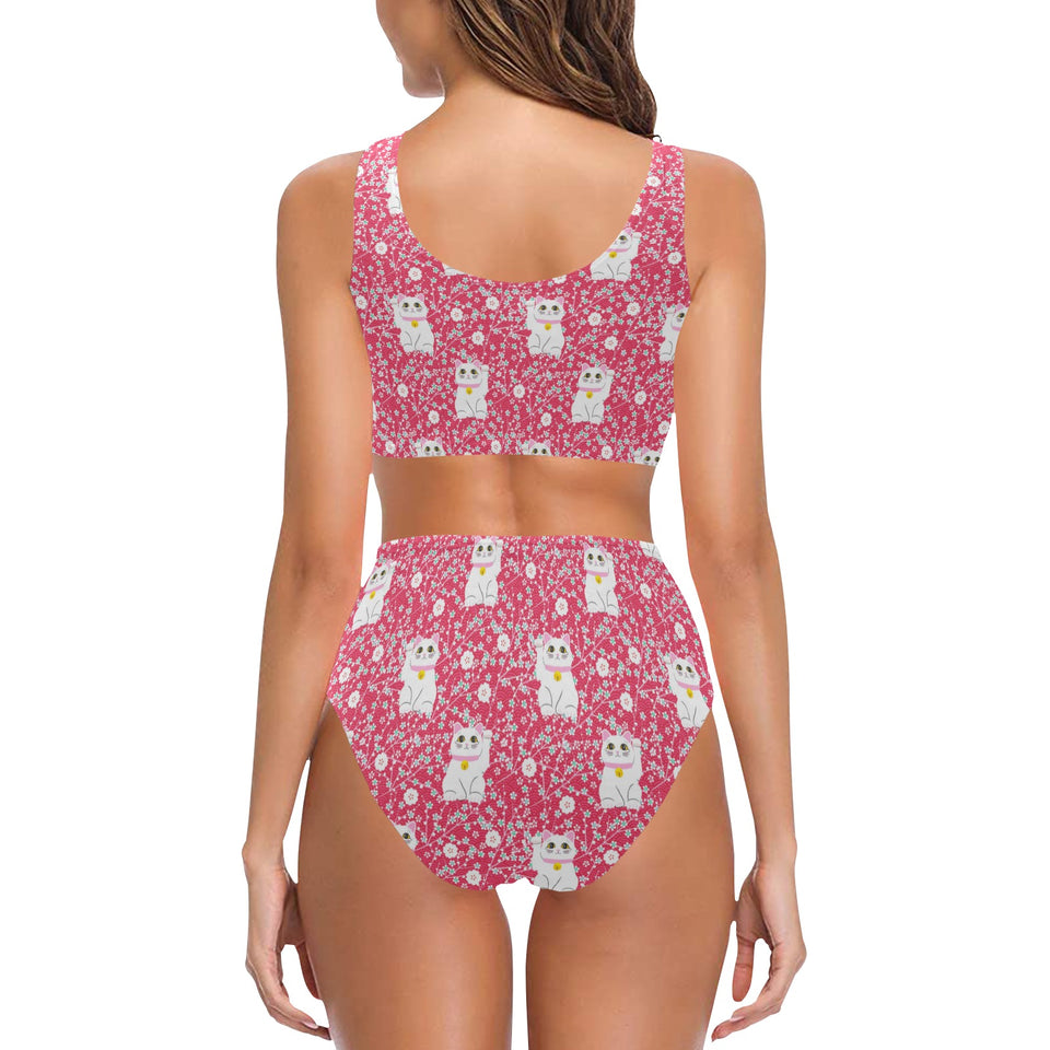Maneki neko cat sakura pink background Chest Bowknot High Waisted Bikini Swimsuit