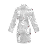 white swan gray background Women's Long Sleeve Belted Night Robe