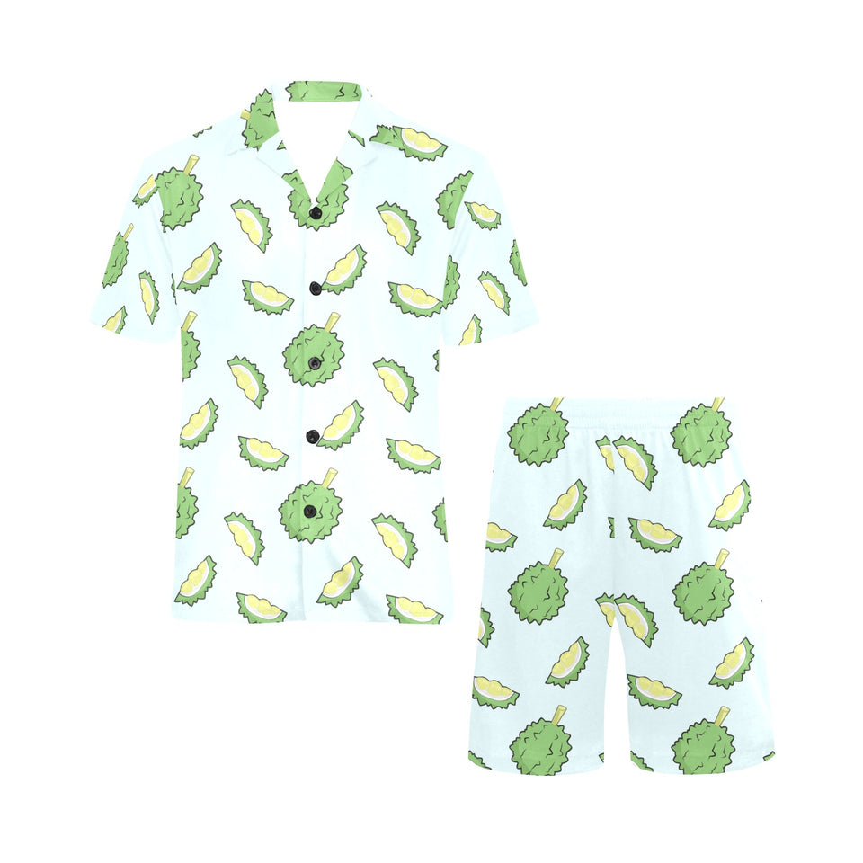 Durian pattern blue background Men's V-Neck Short Pajama Set