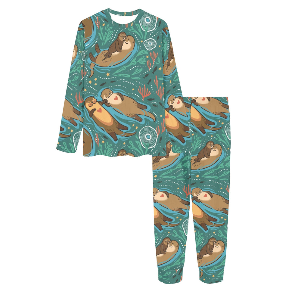 cute brown sea otters ornamental seaweed corals gr Women's All Over Print Pajama Set