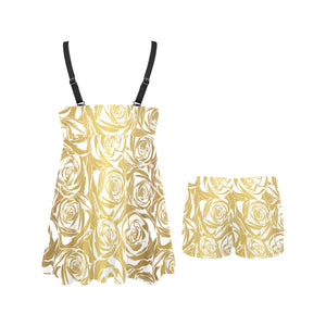 Rose Pattern Print Design 05 Chest Sexy Pleated Two Piece Swim Dress