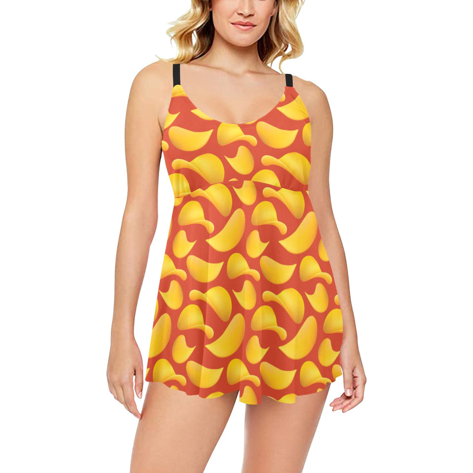 Potato Chips Pattern Print Design 05 Chest Sexy Pleated Two Piece Swim Dress