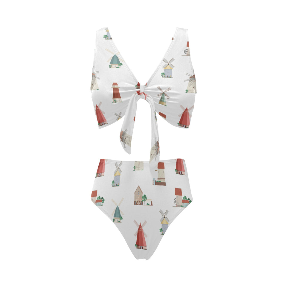windmill design pattern Chest Bowknot High Waisted Bikini Swimsuit
