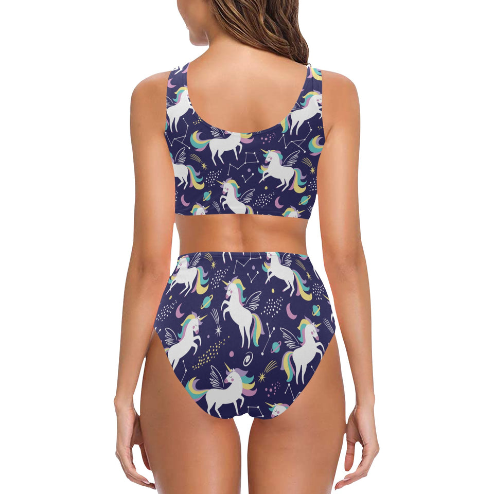 Hand drawn cute unicorn star planet Chest Bowknot High Waisted Bikini Swimsuit