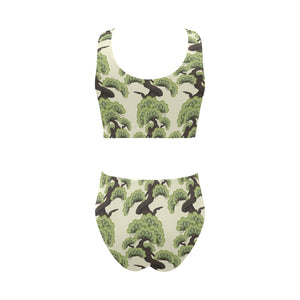Bonsai pattern Chest Bowknot High Waisted Bikini Swimsuit