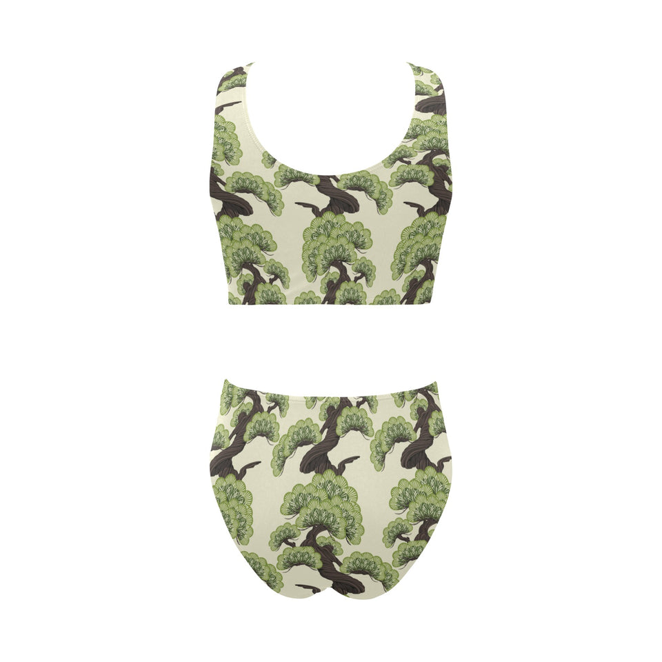Bonsai pattern Chest Bowknot High Waisted Bikini Swimsuit