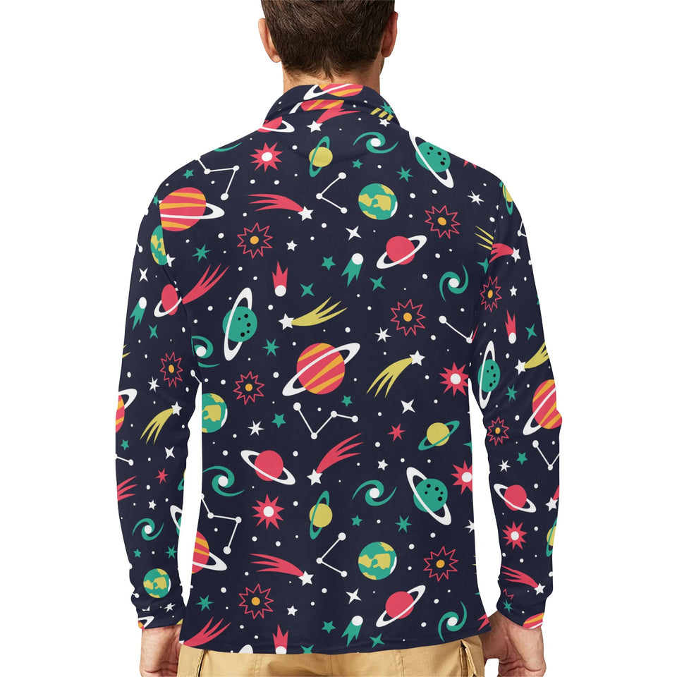 colorful space pattern planet star Men's Long Sleeve Polo Shirt