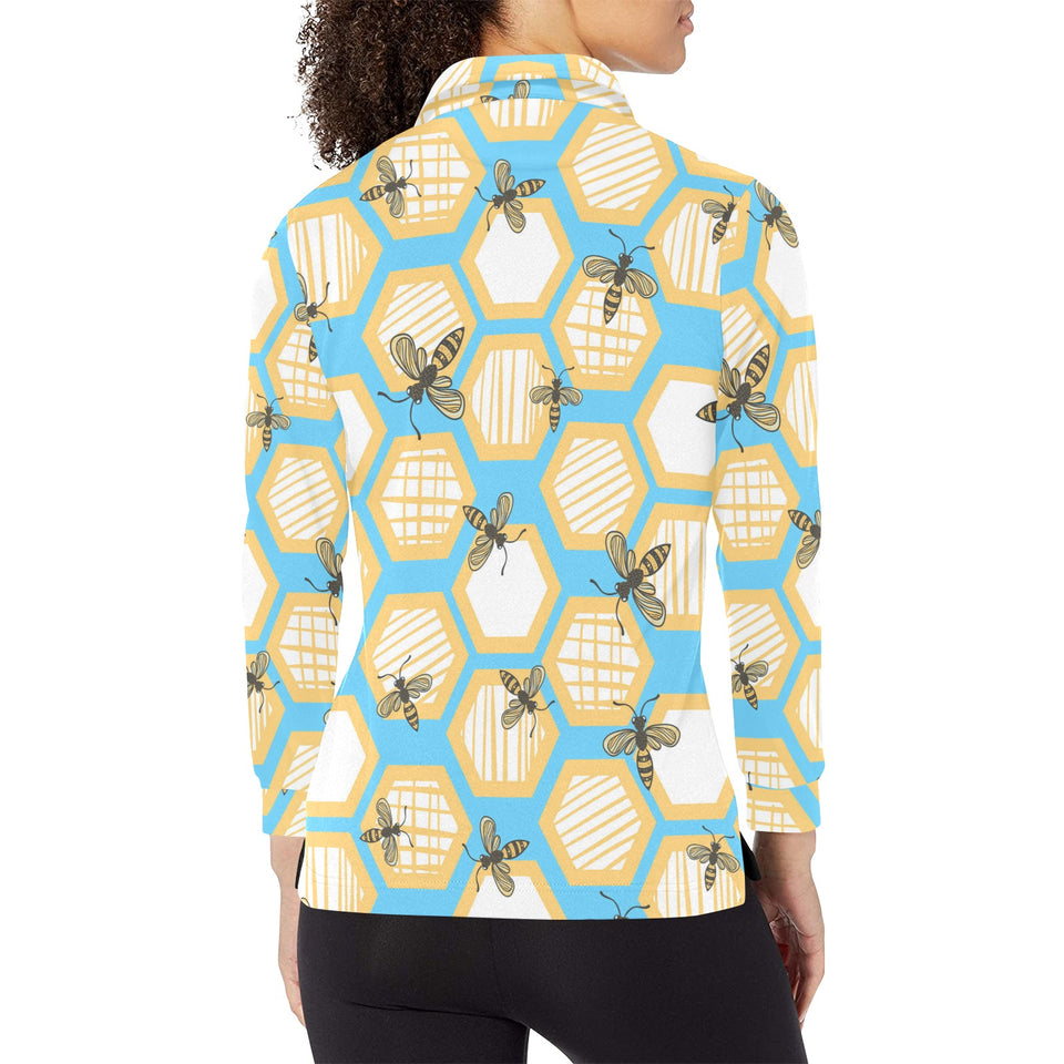 Bee honeycomb pattern Women's Long Sleeve Polo Shirt