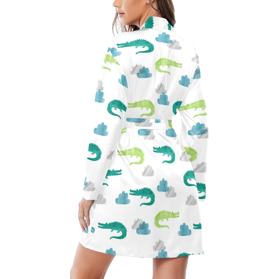 watercolor crocodile pattern Women's Long Sleeve Belted Night Robe