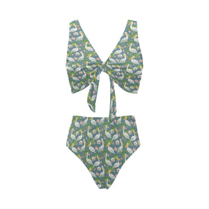 Pelican Pattern Print Design 04 Chest Bowknot High Waisted Bikini Swimsuit