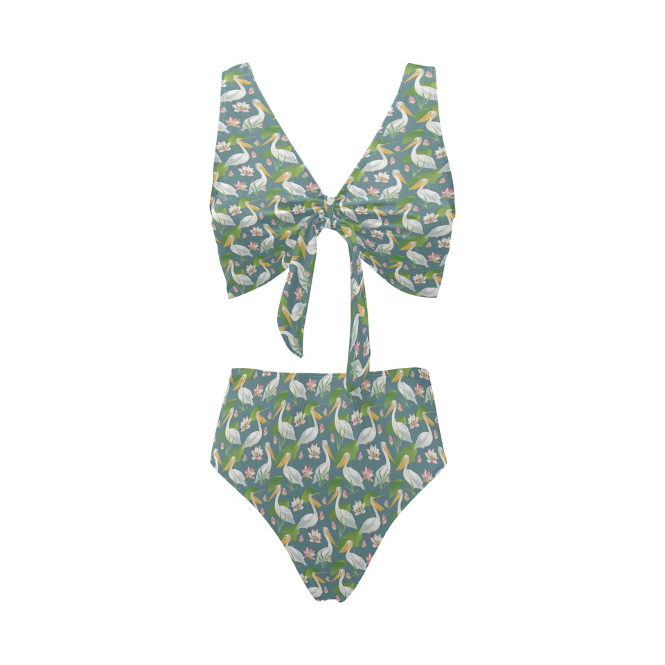Pelican Pattern Print Design 04 Chest Bowknot High Waisted Bikini Swimsuit