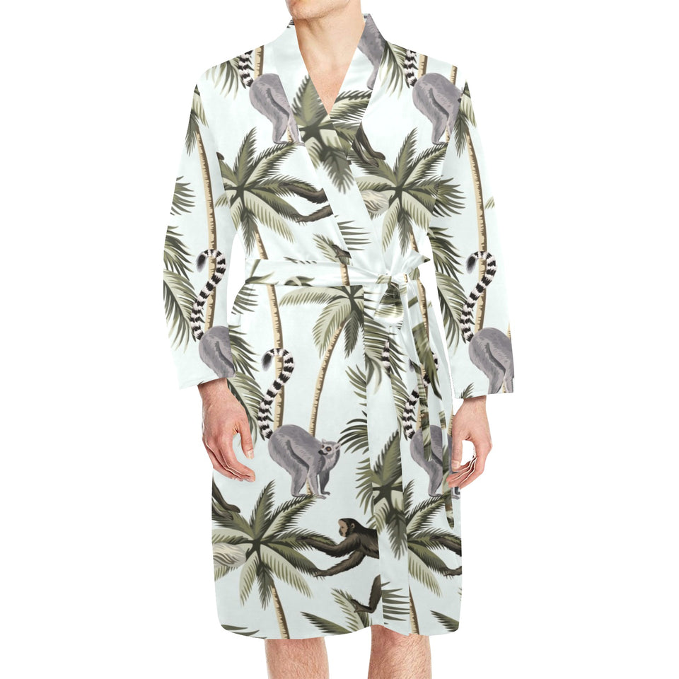 Monkey sloth lemur palm trees pattern Men's Long Sleeve Belted Night Robe