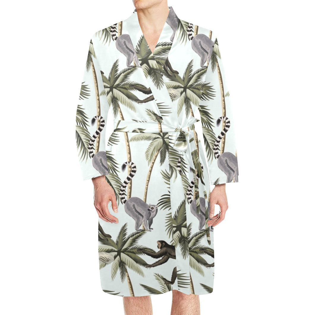 Monkey sloth lemur palm trees pattern Men's Long Sleeve Belted Night Robe