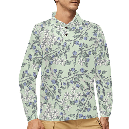 hand drawn blueberry pattern Men's Long Sleeve Polo Shirt