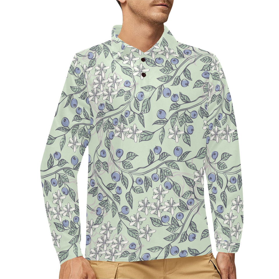 hand drawn blueberry pattern Men's Long Sleeve Polo Shirt