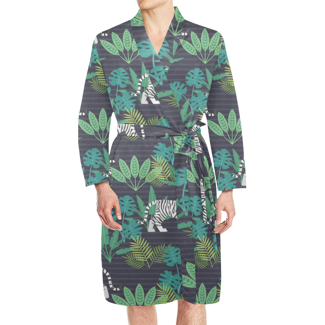 white bengal tigers tropical plant Men's Long Sleeve Belted Night Robe