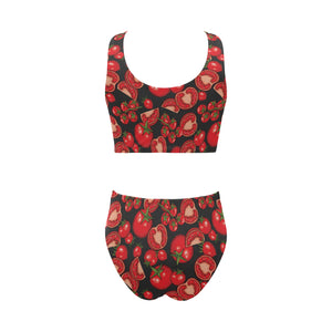 Tomato black background Chest Bowknot High Waisted Bikini Swimsuit
