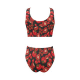 Tomato black background Chest Bowknot High Waisted Bikini Swimsuit