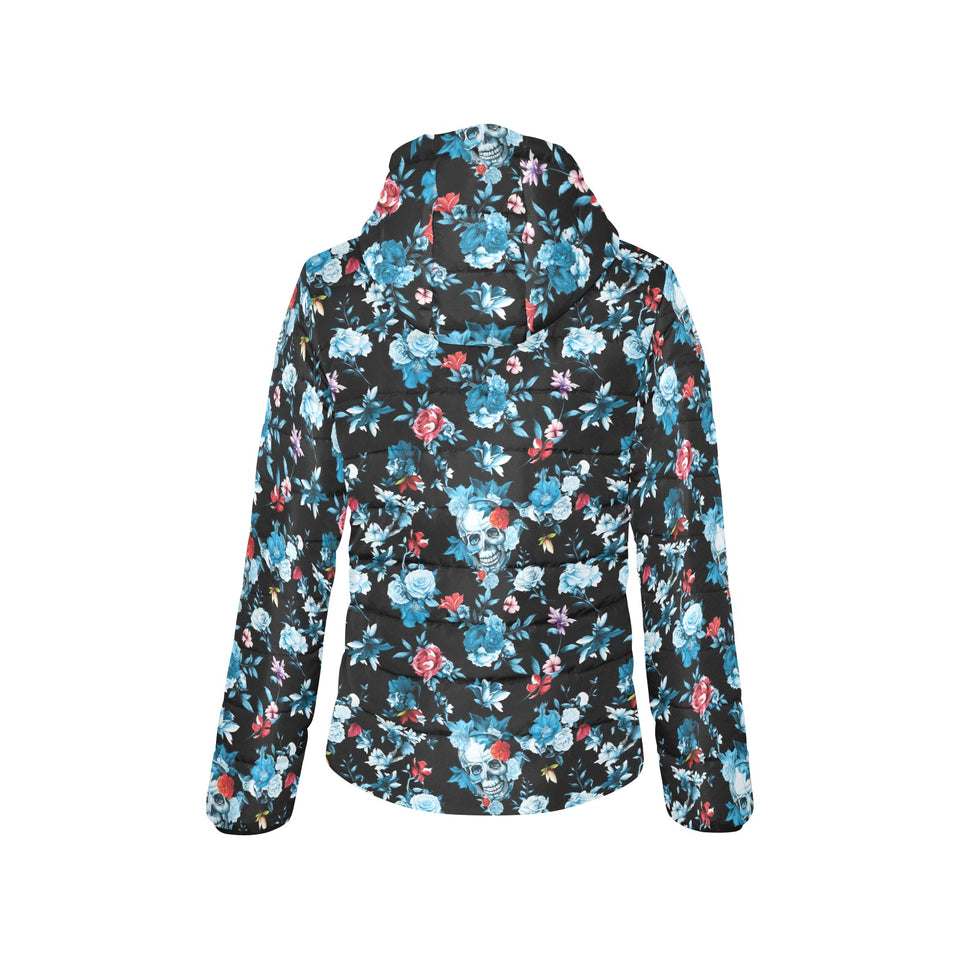 Skull flower roses leave pattern Women's Padded Hooded Jacket