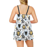 Lion Pattern Print Design 05 Chest Sexy Pleated Two Piece Swim Dress