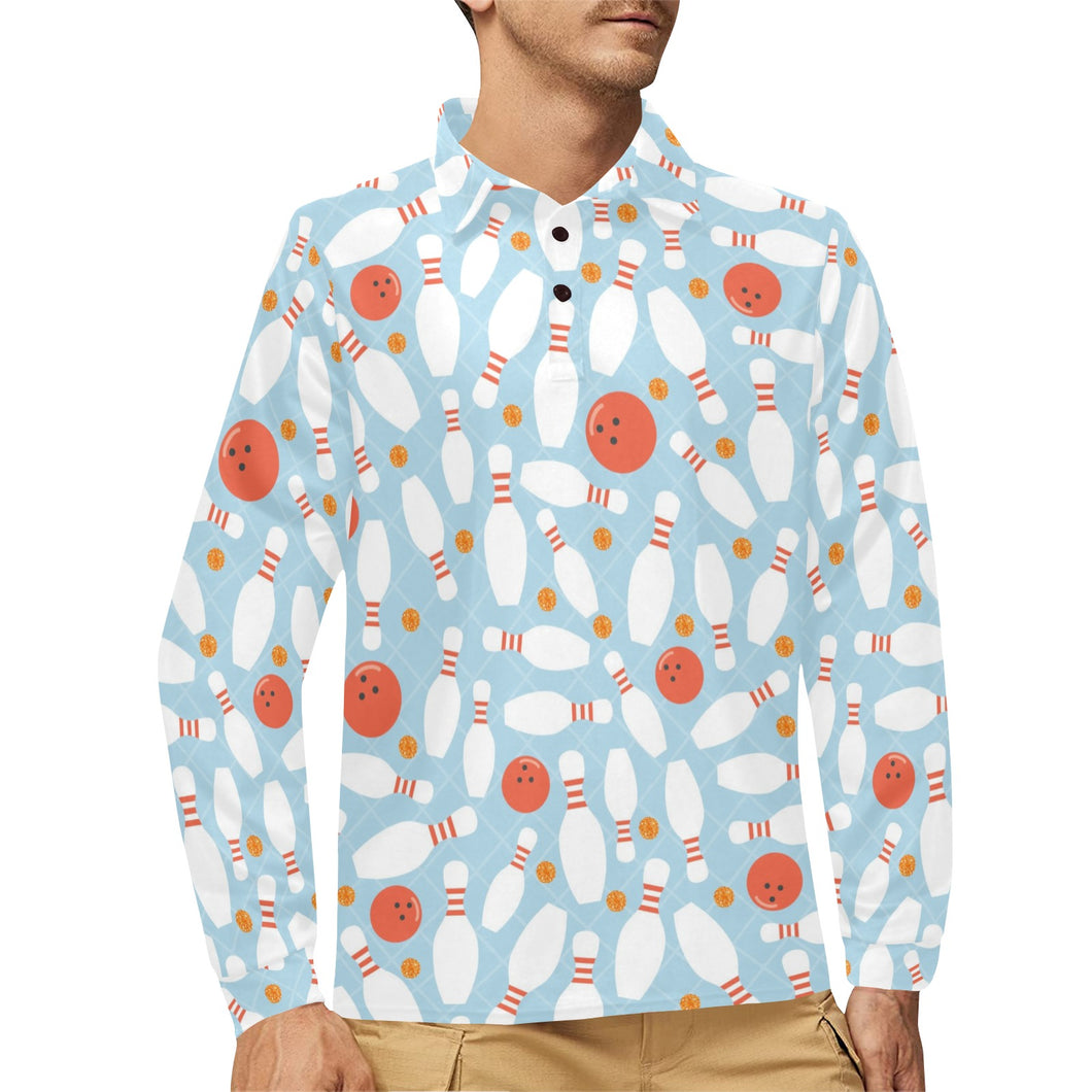Bowling ball bowling pins blue blackground Men's Long Sleeve Polo Shirt
