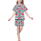 Hand drawn cherry pattern striped background Kids' Boys' Girls' V-Neck Short Pajama Set