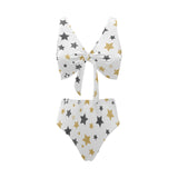 hand drawn gold black star pattern Chest Bowknot High Waisted Bikini Swimsuit