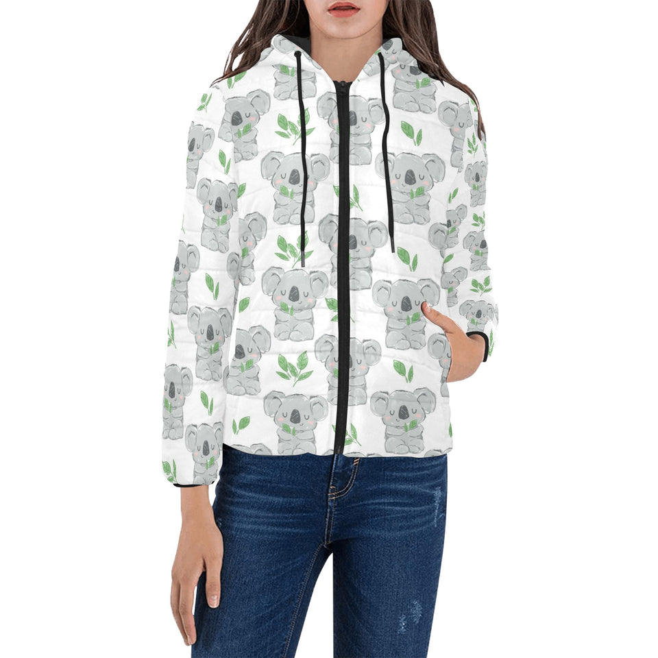 Hand drawn Koala leaves pattern Women's Padded Hooded Jacket