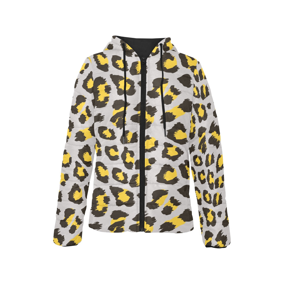Gray Leopard print pattern Women's Padded Hooded Jacket