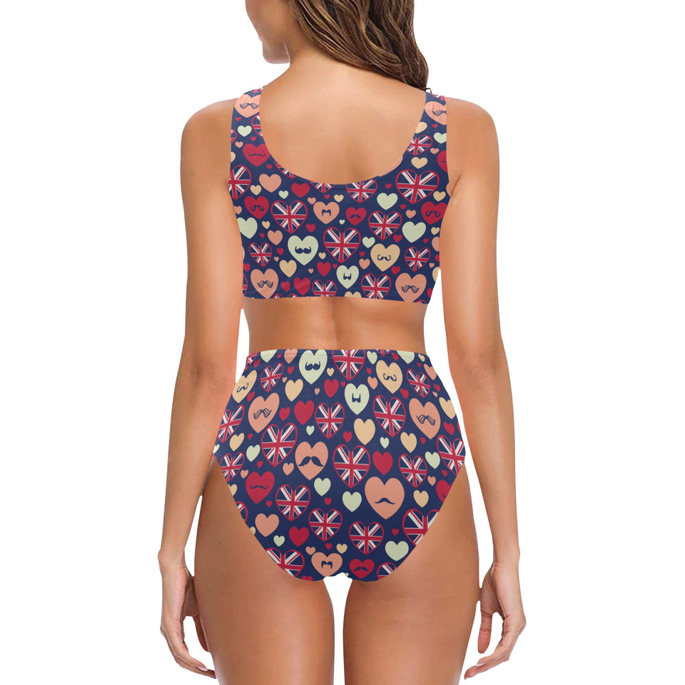 British Pattern Print Design 02 Chest Bowknot High Waisted Bikini Swimsuit