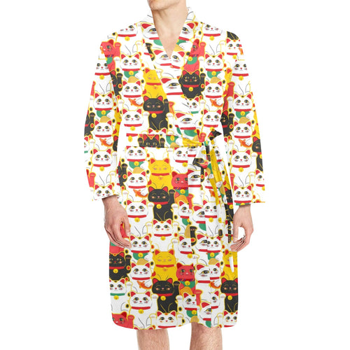 Colorful Maneki neko cat pattern Men's Long Sleeve Belted Night Robe