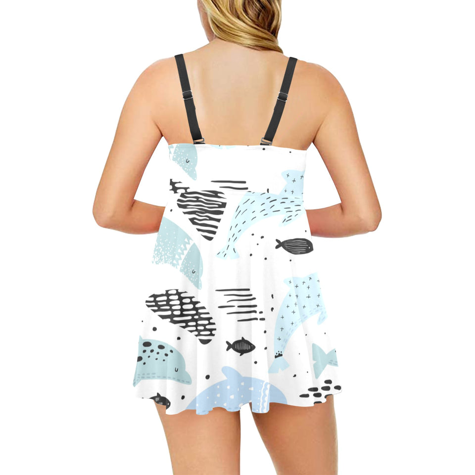 Cute dolphins Childish Style pattern Chest Sexy Pleated Two Piece Swim Dress