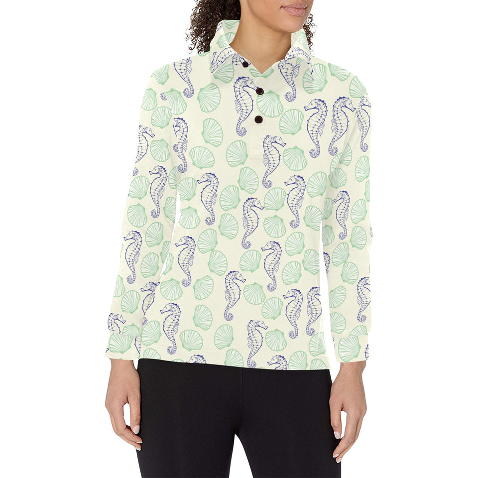 Seahorse shell pattern Women's Long Sleeve Polo Shirt