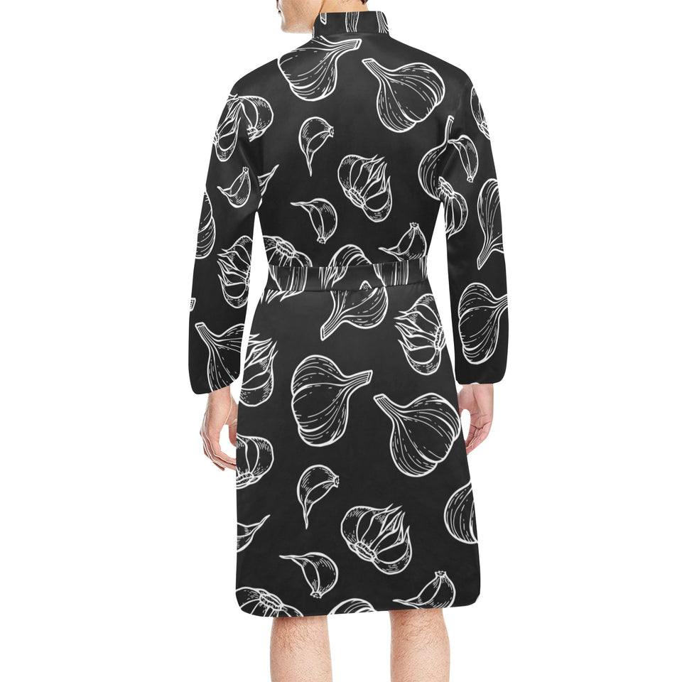 Garlic pattern black background Men's Long Sleeve Belted Night Robe