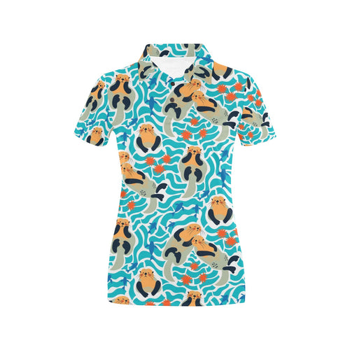 Cute sea otters fishe sea urchin pattern Women's All Over Print Polo Shirt